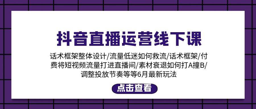 抖音直播运营线下课：话术框架/付费流量直播间/素材A撞B/等6月新玩法-副业帮