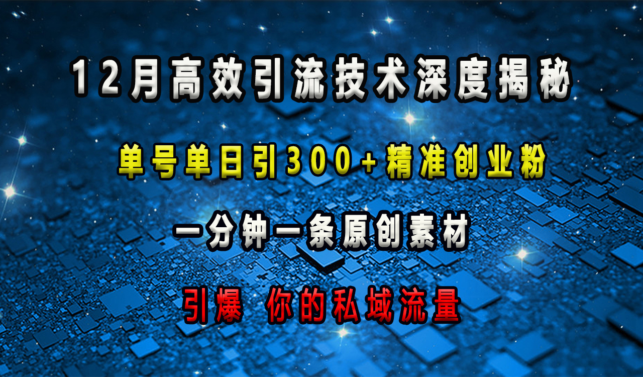 12月高效引流技术深度揭秘 ，单号单日引300+精准创业粉，一分钟一条原创素材，引爆你的私域流量-副业帮